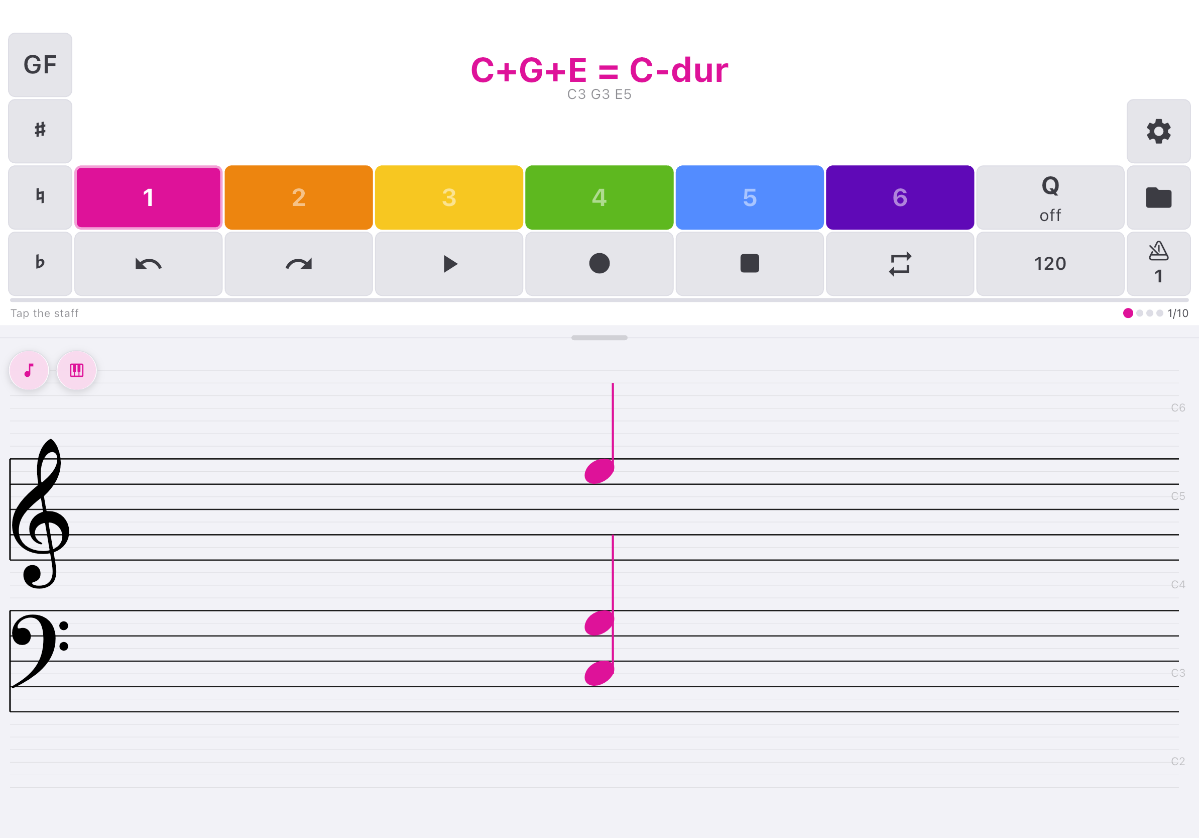 Six colored tracks arranged together in Tap The Tone on a tablet